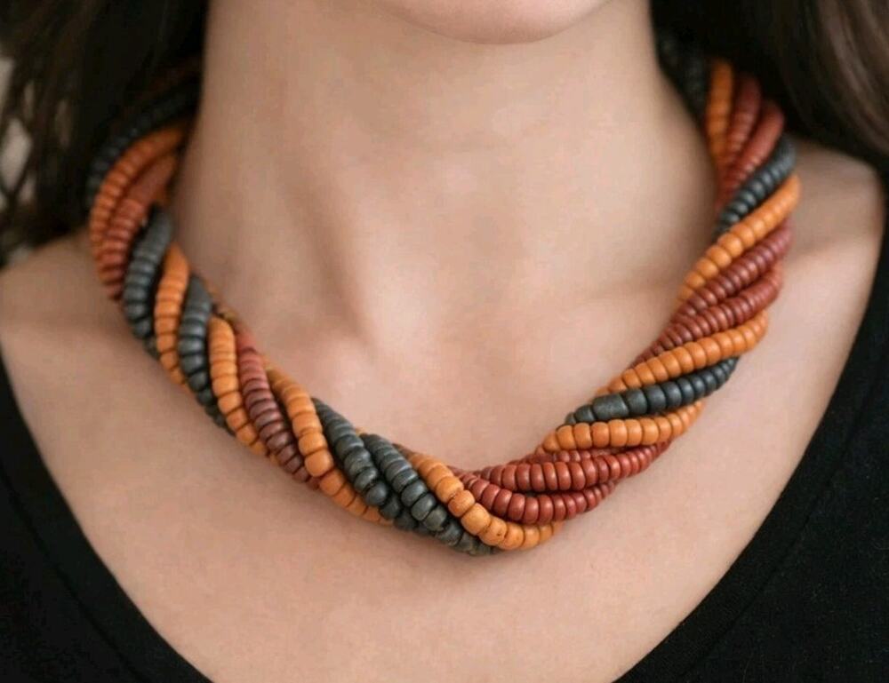 Vintage Tribal Torsade Necklace Earth-tones 17" Beaded Wood Ethnic br01-15